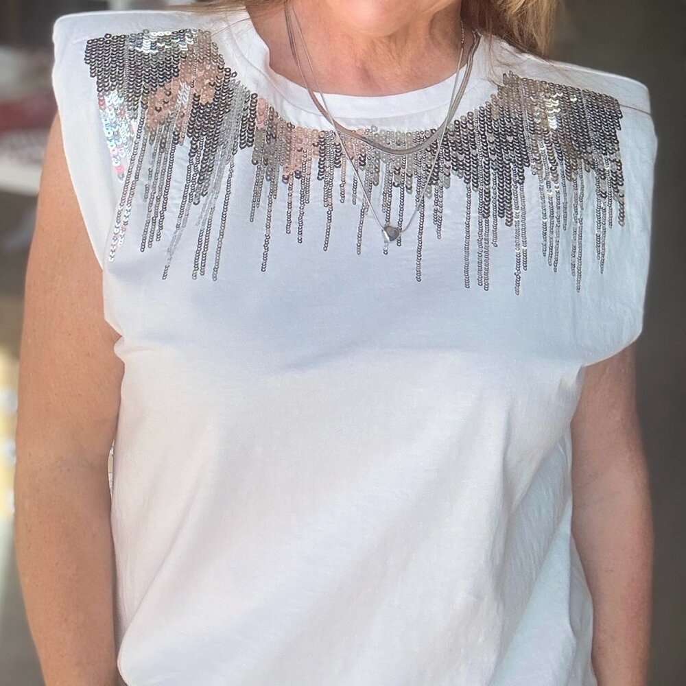 White Sequin Design, Padded Shoulders, T-shirt